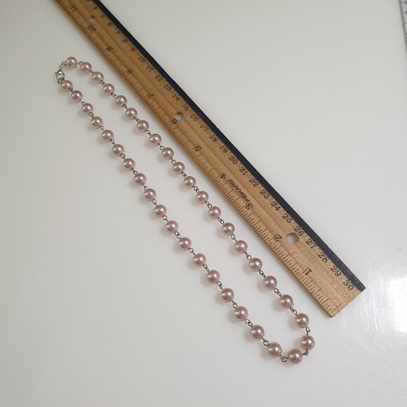 Faux Pink Pearl Beaded Necklace With Silver Tone Chain Lobster Clasp Closure - Picture 2 of 4